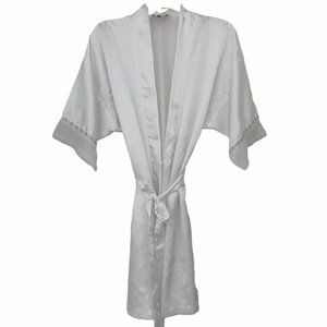 Vintage California Dynasty White Satin Belted Bridal Robe S Lace Floral Kimono